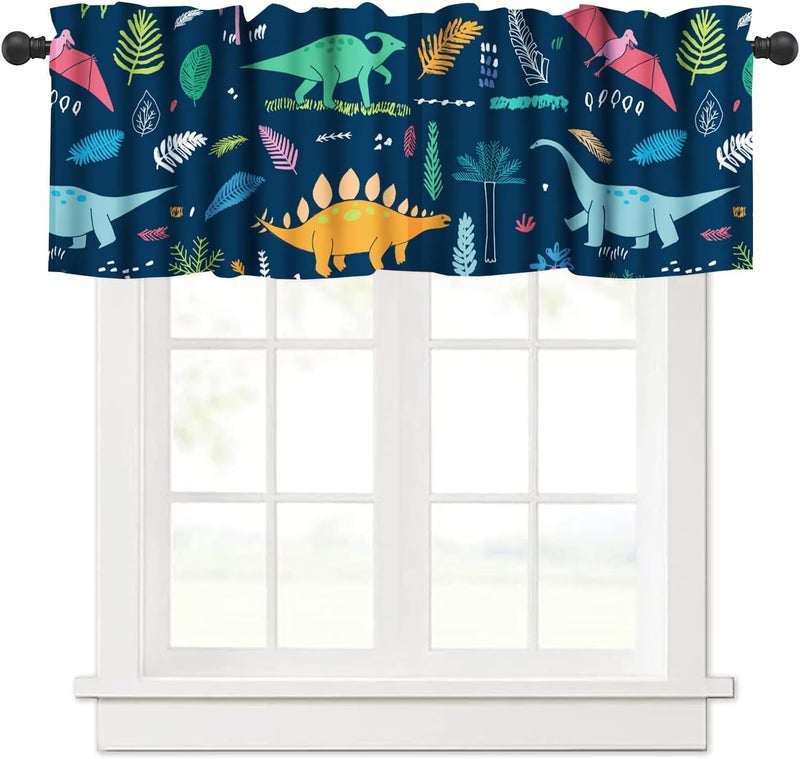 YSWOW Kids Dinosaur Valance Curtain Blue Background Cartoon Dinosaurs Art Printed Window Drapes for Boys Bedroom Decor W54xL18in Fabric Polyester 1 Panel - Image 1